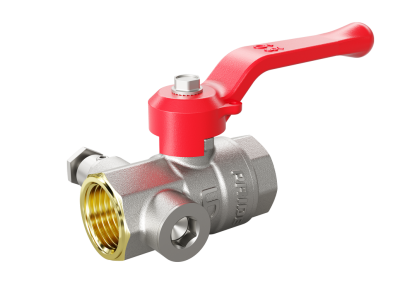 Кран шаровой латунный с дренажем и воздухоотводчиком трехходовой LD Pride 44.15.В-В.С.Р (red) Ду 15 М20 Ру 40 рычаг