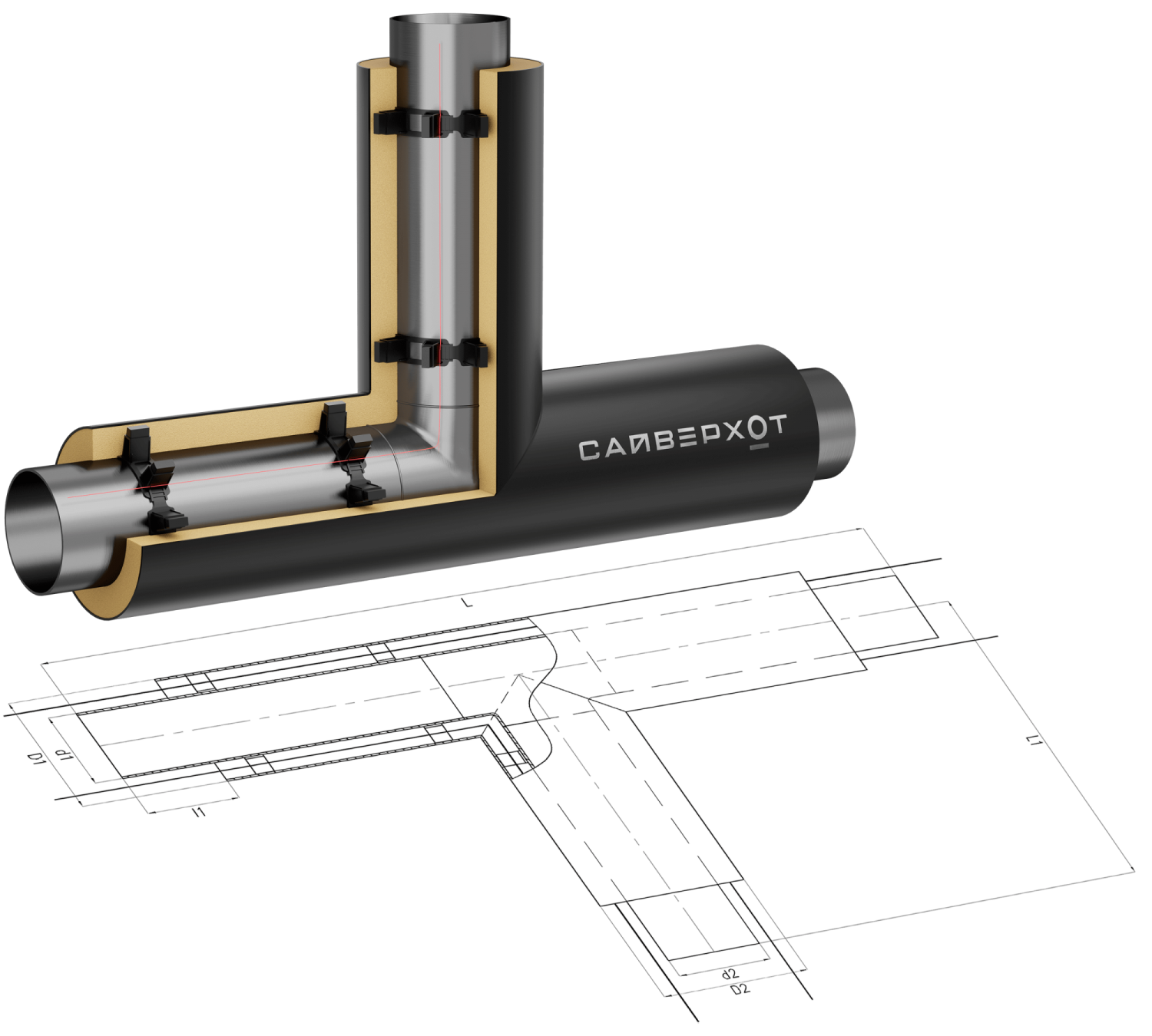 Тройник, 57x3,5 - 38x3,0 Ст 09Г2С (ГОСТ 8732-78) - ППУ ПЭ