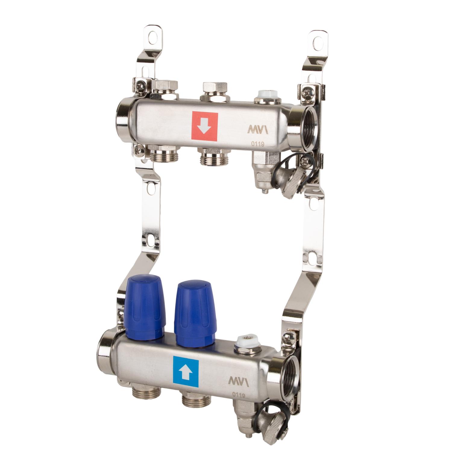 Коллектор без расходомеров, c дренажным краном и краном Маевского, 2 вых.