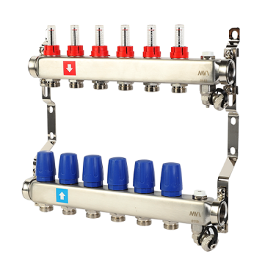 Коллектор с расходомерами, дренажным краном и краном Маевского, 6 вых.