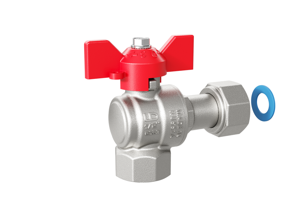 Кран шаровой латунный угловой с накидной гайкой LD Pride 47.20.В-НкГк.У.Б Ду 20 Ру 40 бабочка (red)