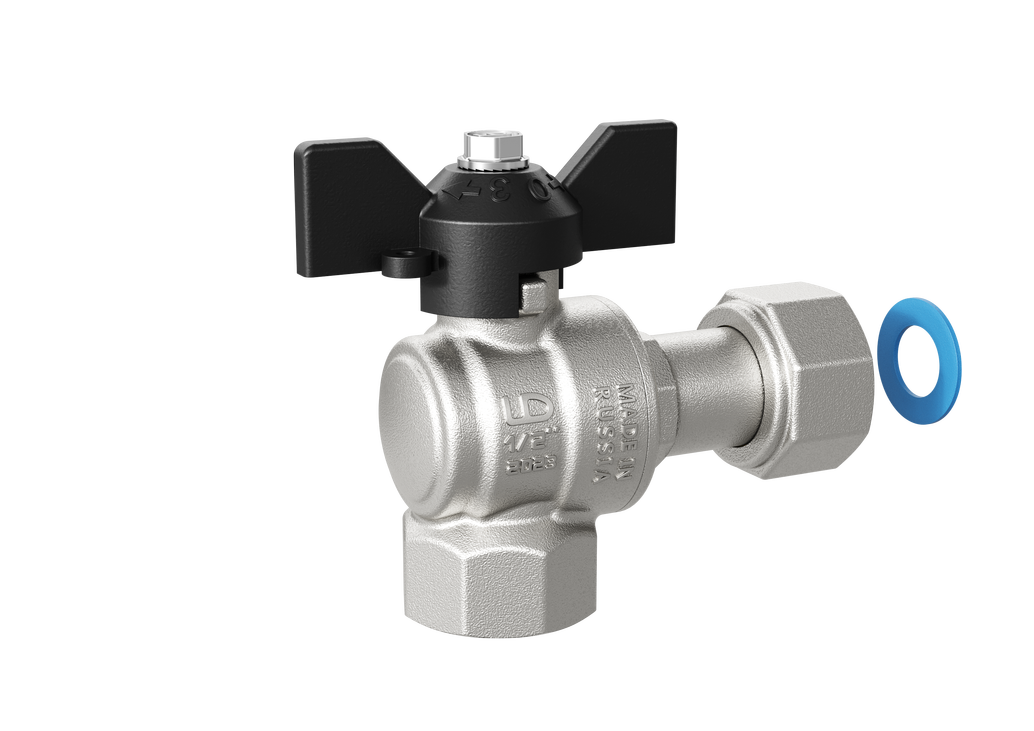 Кран шаровой латунный угловой с накидной гайкой LD Pride 47.20.В-НкГк.У.Б Ду 20 Ру 40 бабочка