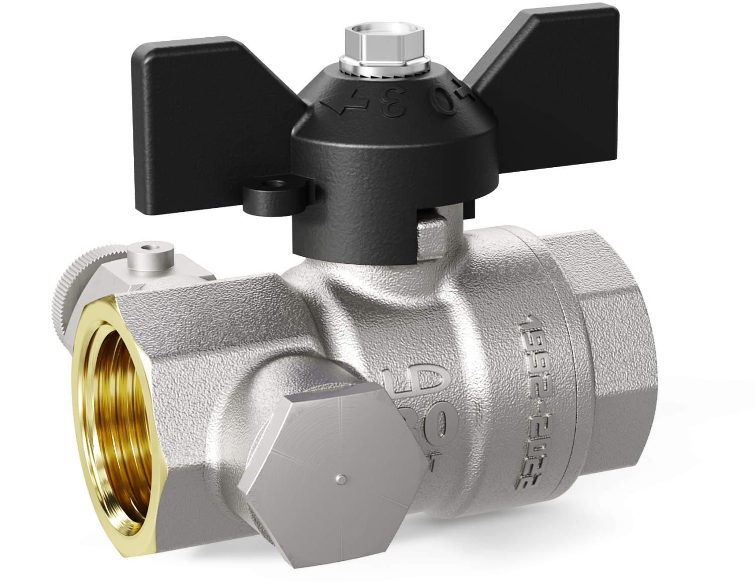 Кран шаровой латунный с дренажем и воздухоотводчиком трехходовой LD Pride 44.15.В-В.С.Б Ду 15 М20 Ру 40 бабочка