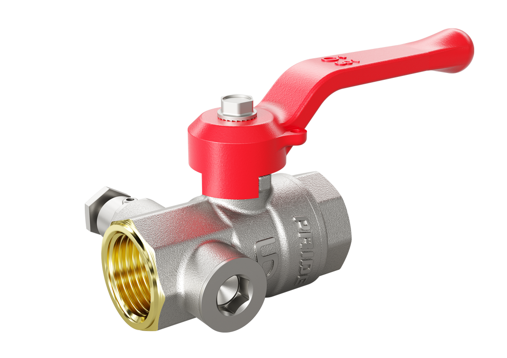 Кран шаровой латунный с дренажем и воздухоотводчиком трехходовой LD Pride 44.15.В-В.С.Р (red) Ду 15 М20 Ру 40 рычаг