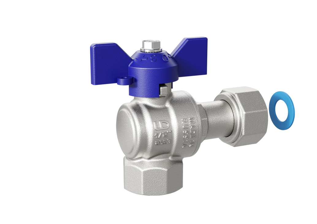 Кран шаровой латунный угловой с накидной гайкой LD Pride 47.15.В-НкГк.У.Б Ду 15 Ру 40 бабочка (blue)