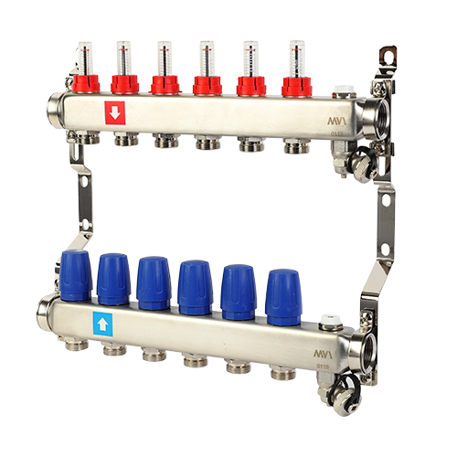 Коллектор с расходомерами, дренажным краном и краном Маевского, 6 вых.